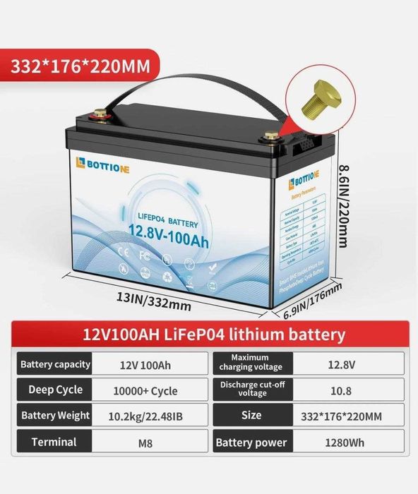 Акумулятор для ДБЖ/інвертора Bottione LiFePO4 12.8V 100Ah. Гарантія!
