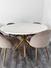 Zestaw mebli do jadalni: krzesła beżowe ze złotą podstawą + stół