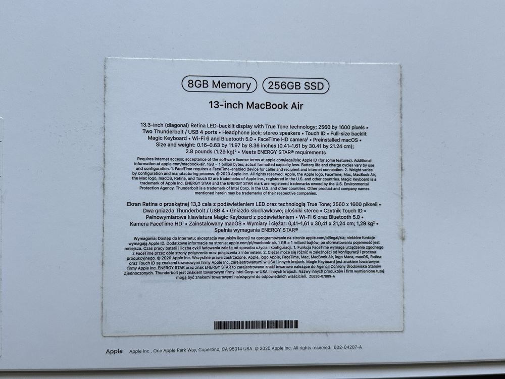 MacBook Air M1 (2020) 8GB RAM, 256GB, srebrny + pudełko i ładowarka