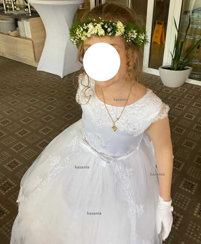 Sukienka biała tiul kokarda koronki Komunia ślub uroczystości