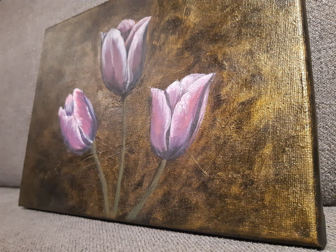 Tulipany na złotym tle obraz handmade