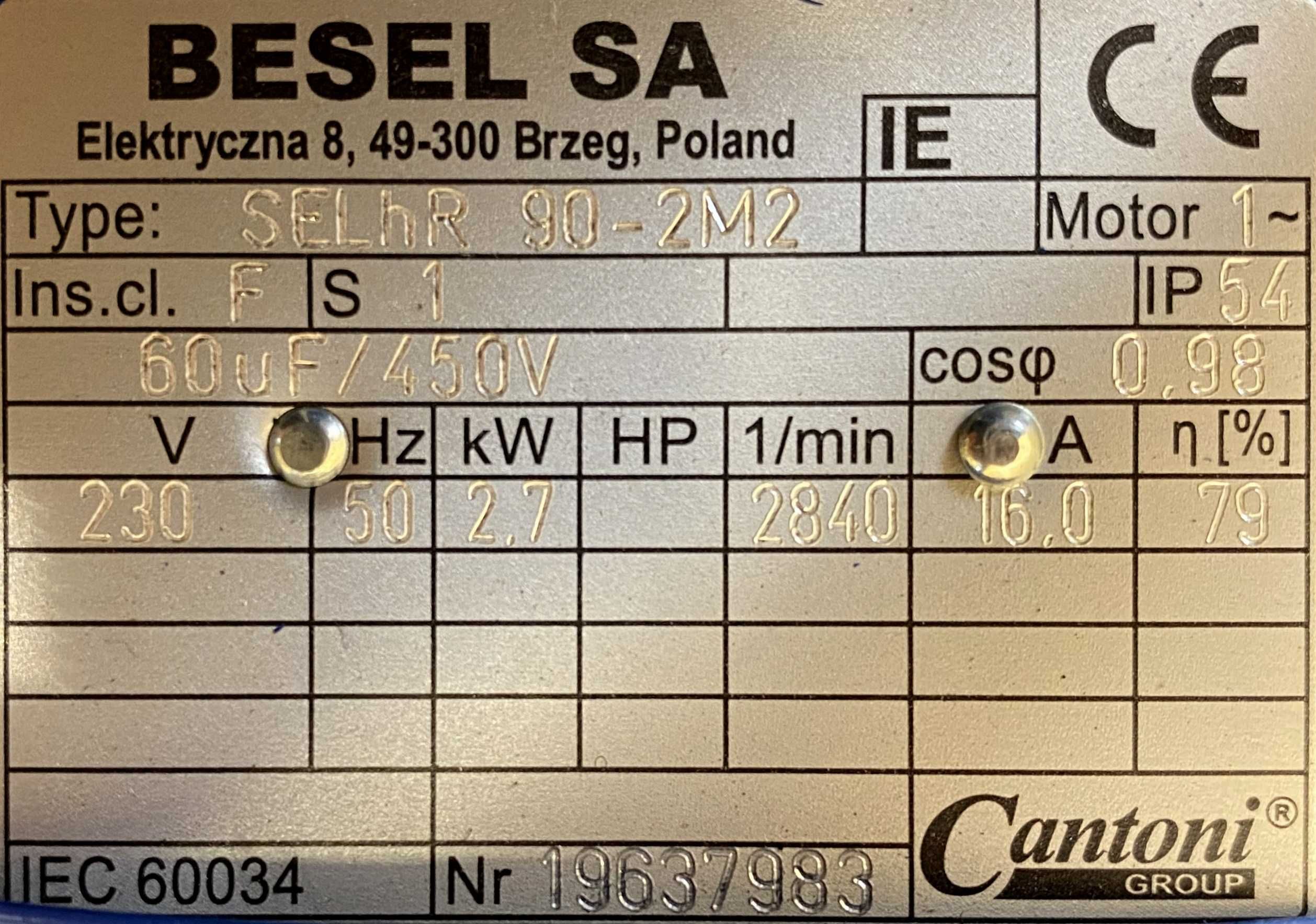 silnik elektryczny 2,7kW 2840obr. 1fazowy 230V BESEL