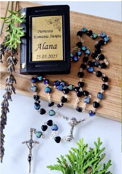 RÓŻANIEC KOMUNIJNY Mieniące Serce pudełko Personalizacja Data i Imię