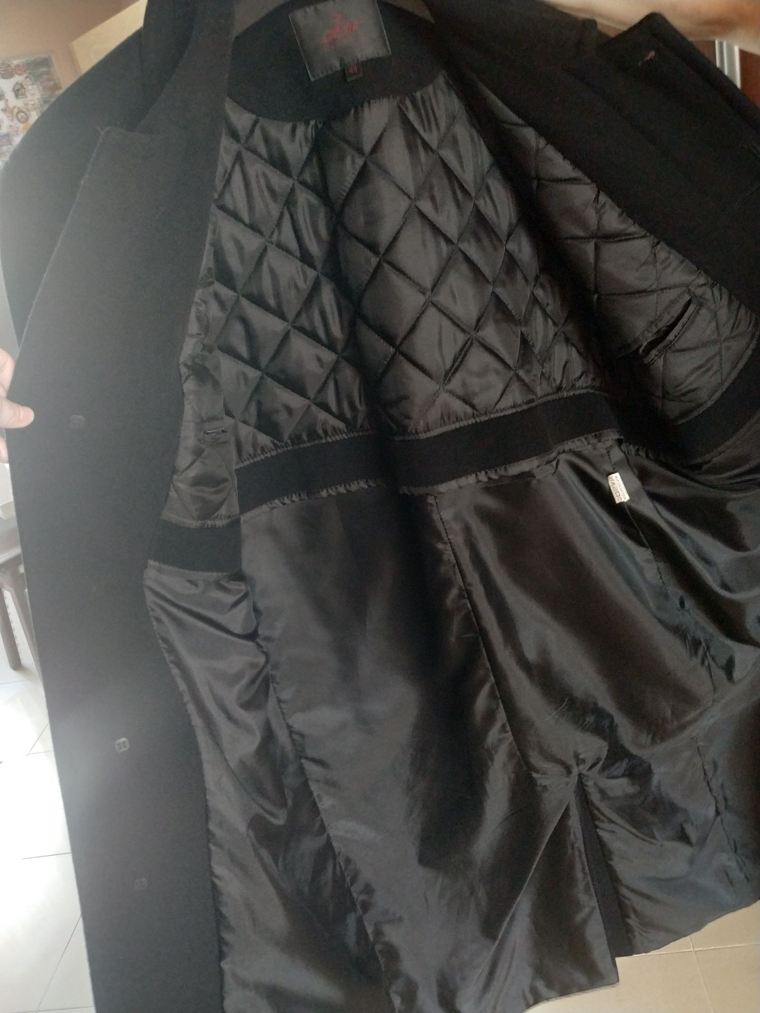Czarny męski płaszcz, jesień zima, L/XL, jak nowy, 85% wełna