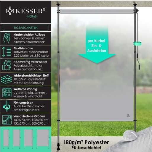 KESSER Markiza pionowa 120x310 szara balkon taras ogród wodoodporna