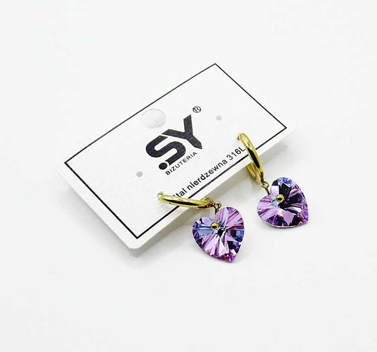 Kolczyki kółka złote stal chirurgiczna kryształowe serce fiolet H675