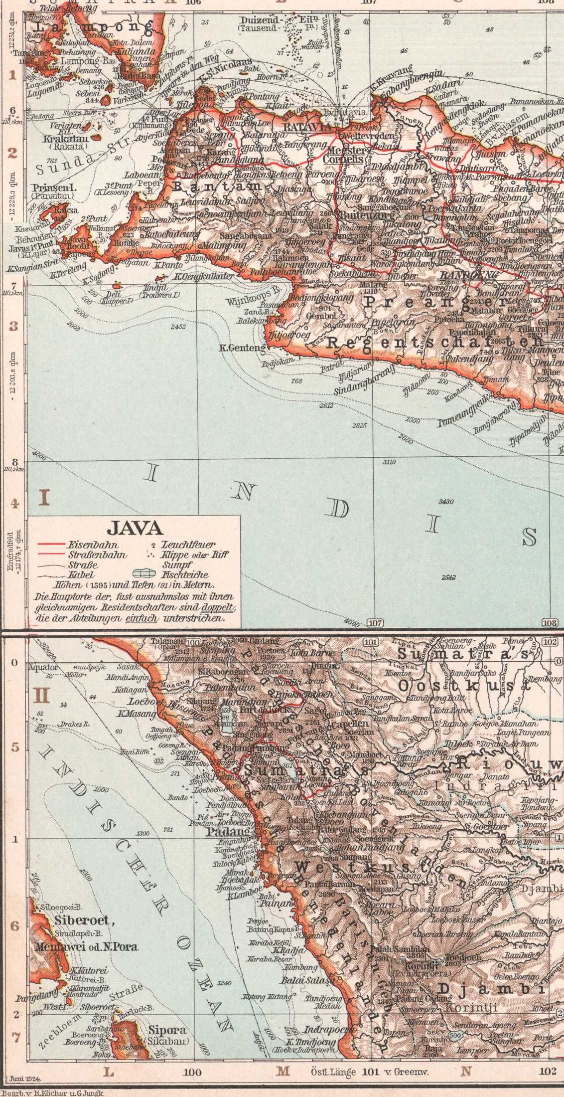 Jawa Sumatra Wyspy południowe Stara mapa 1924 r. autentyk