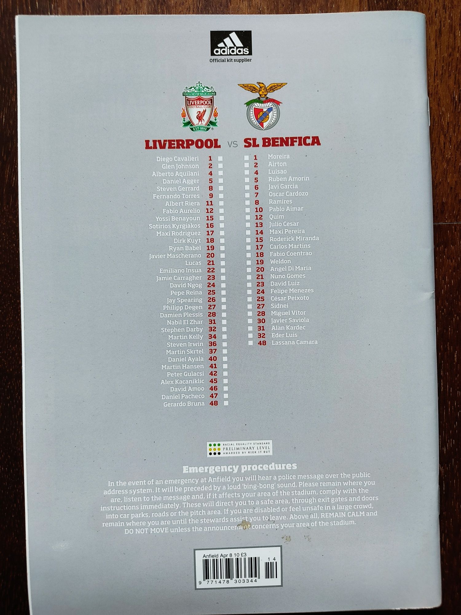 Programa de jogo Liverpool Benfica 2009/10 Champions league