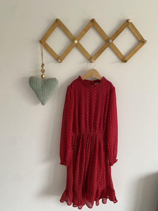 Sukienka lindex czerwona wzorek 128 żorżeta falbanki