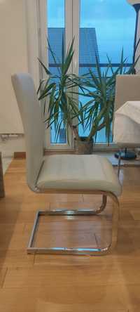 Krzesla salon skórzane beżowe aluminiowe nogi