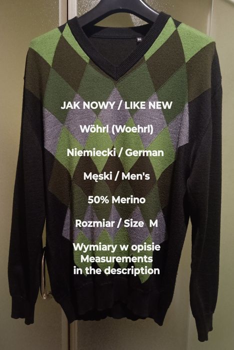Wöhrl (Woehrl) Niemiecki męski sweter z wełny merynosów, 50% Merino, M