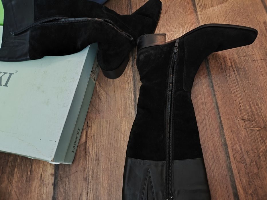 Czarne buty kozaki ocieplane skóra naturalna zamsz Lasocki 39 jak nowe