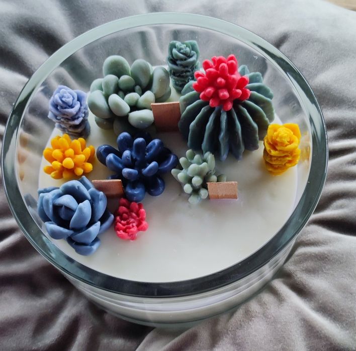 Ręcznie robione świece sojowe sukulenty kaktusy