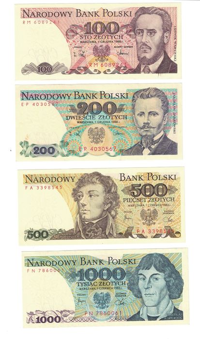 Zestaw 7 banknotów PRL z lat 80 – tych