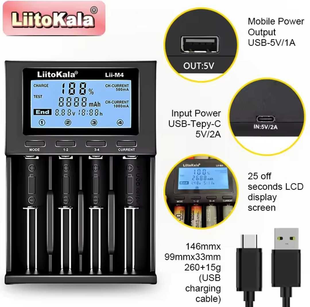 LiitoKala Lii M4 зарядка 18650 litokala AA AAA LIFEPO4 LIMH BMS type c