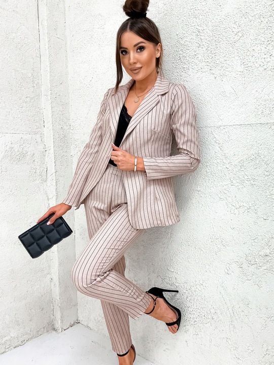 Damski Garnitur Komplet Marynarka Spodnie Materiał W Tenis Paski