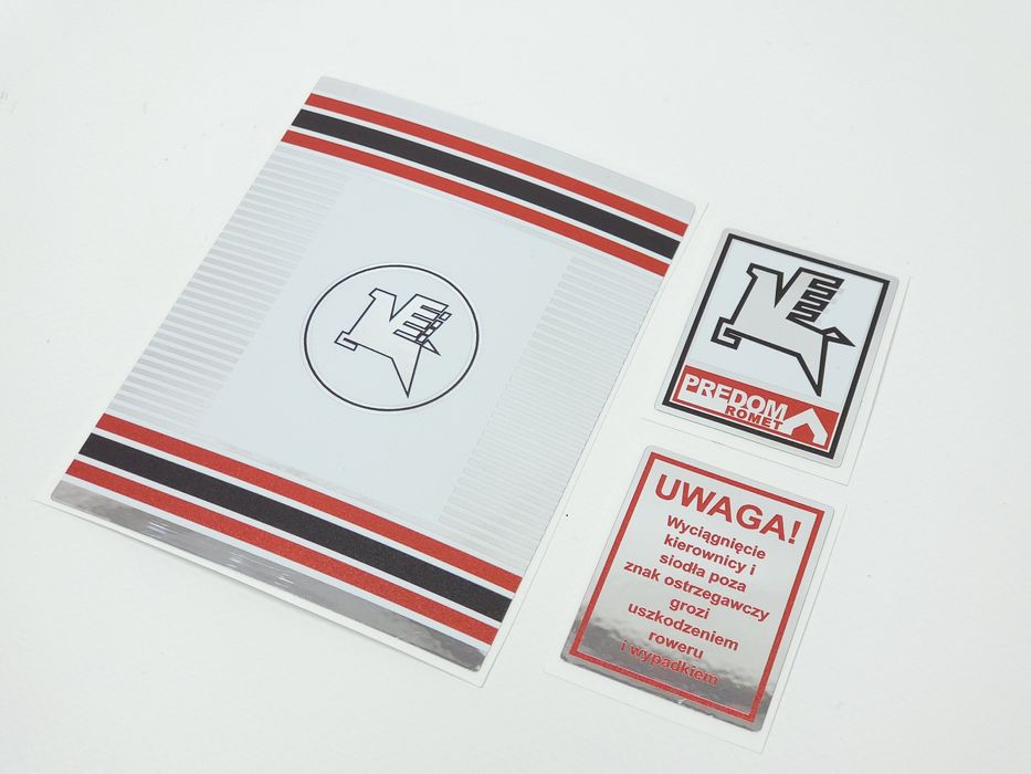 NOWE Naklejki Romet Predom biała rama logo Uwaga do rowerów PRL Emblem
