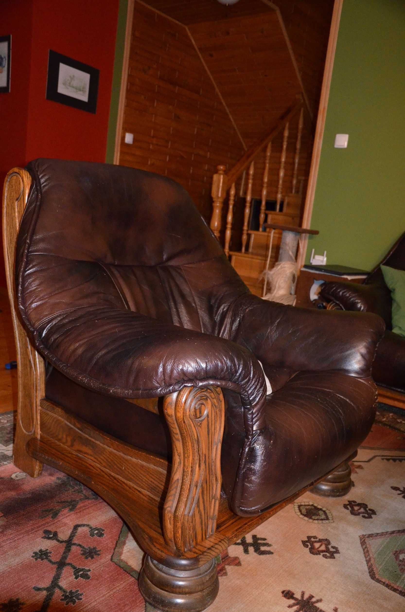 sofa + 2 fotele skórzane stelaż dąb lite drewno