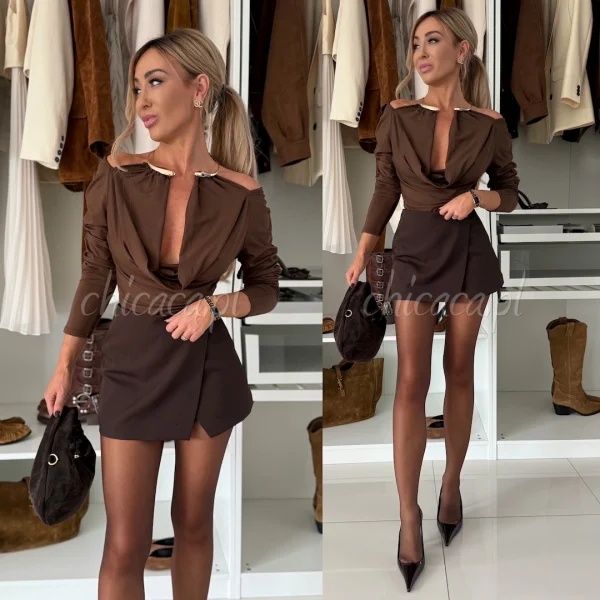 Bluzka z ozdoba na szyi czekoladowa czarna święta Varlesca chicaca XS