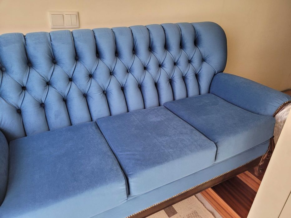 Sofá 3 Lugares Veludo Azul Novo