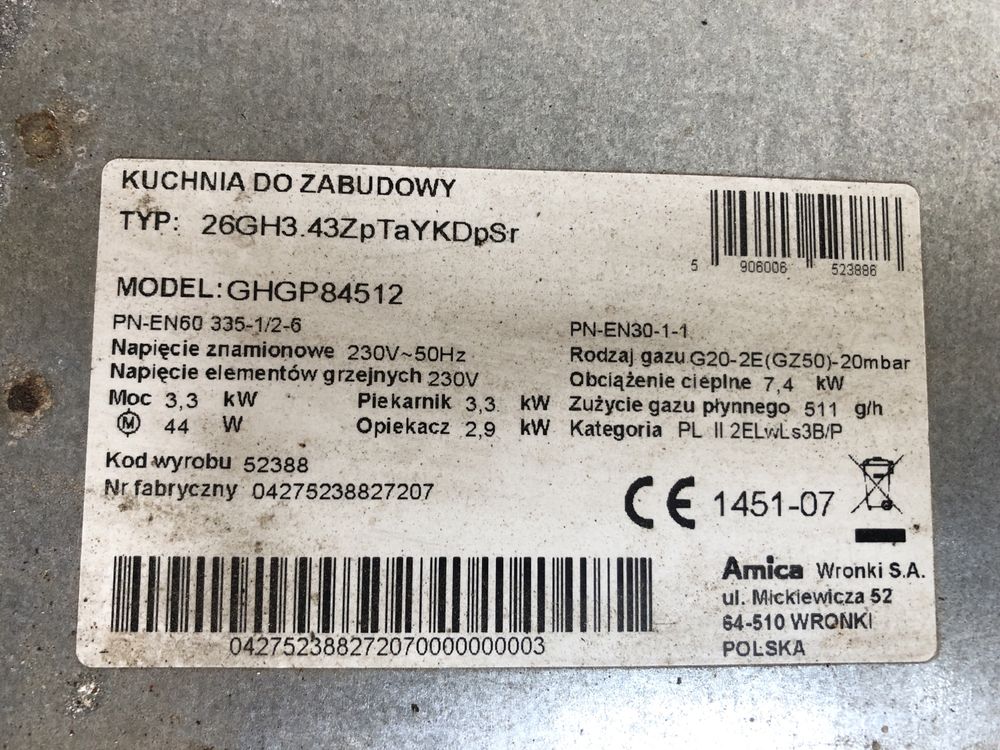 Piekarnik Kuchnia do zabudowy AMICA GHGP84512