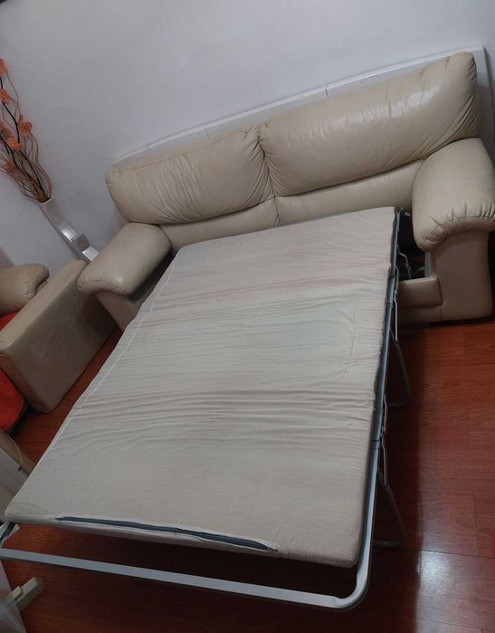 Conjunto de 2 Sofás em Pele Genuína Bege – 3 e 2 Lugares
