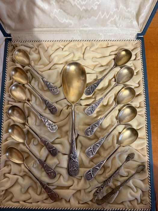 Srebrne sztućce secesja Niemcy próba 800. Niekompletne. Antyk