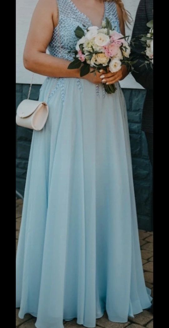 Cudowna wieczorowa sukienka na wyjątkowe okazje błękitna cekiny lou em