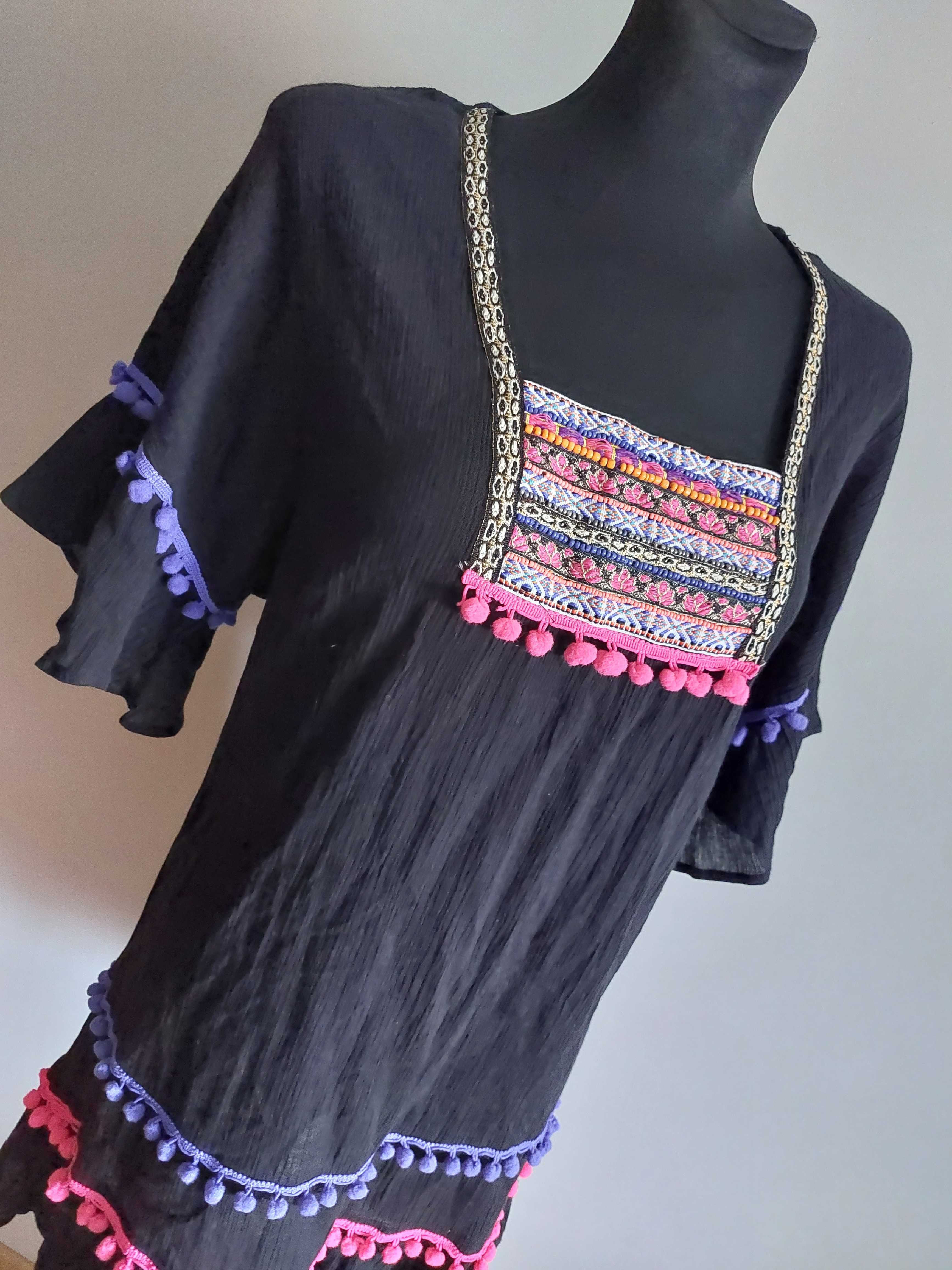 czarna sukienka oversize xs s m l pompony bawełna boho vintage hippie