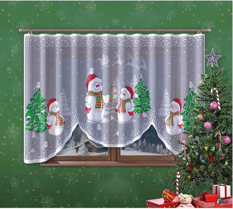 Świąteczna firana żakardowa Bałwanki ręcznie malowana 160x300