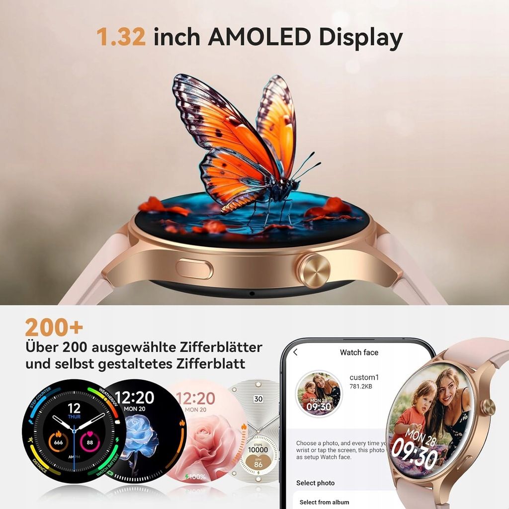 Smartwatch damski okrągły, różowy, AMOLED 1,32", Rozmowy, AEAC