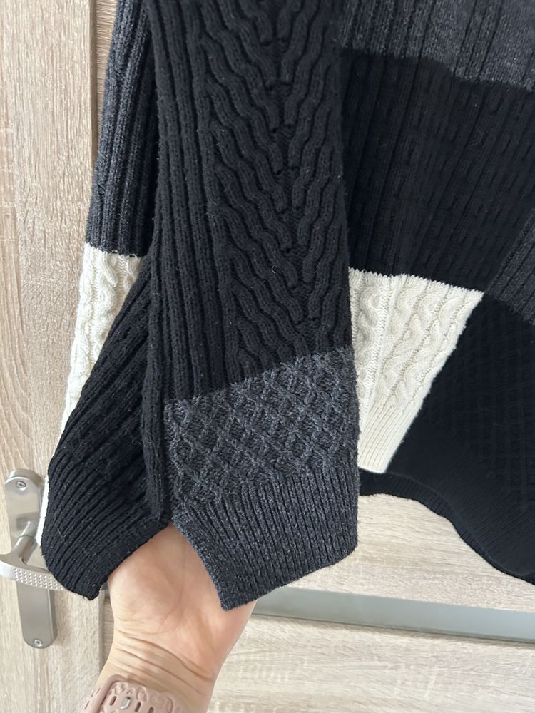 Sweter czarny grafit patchwork bawełna wełna French Connection