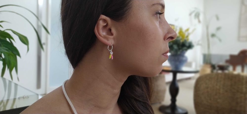 Brinco Argola Beads Murano Rosa Laranja Verde Néon handmade Prata 925