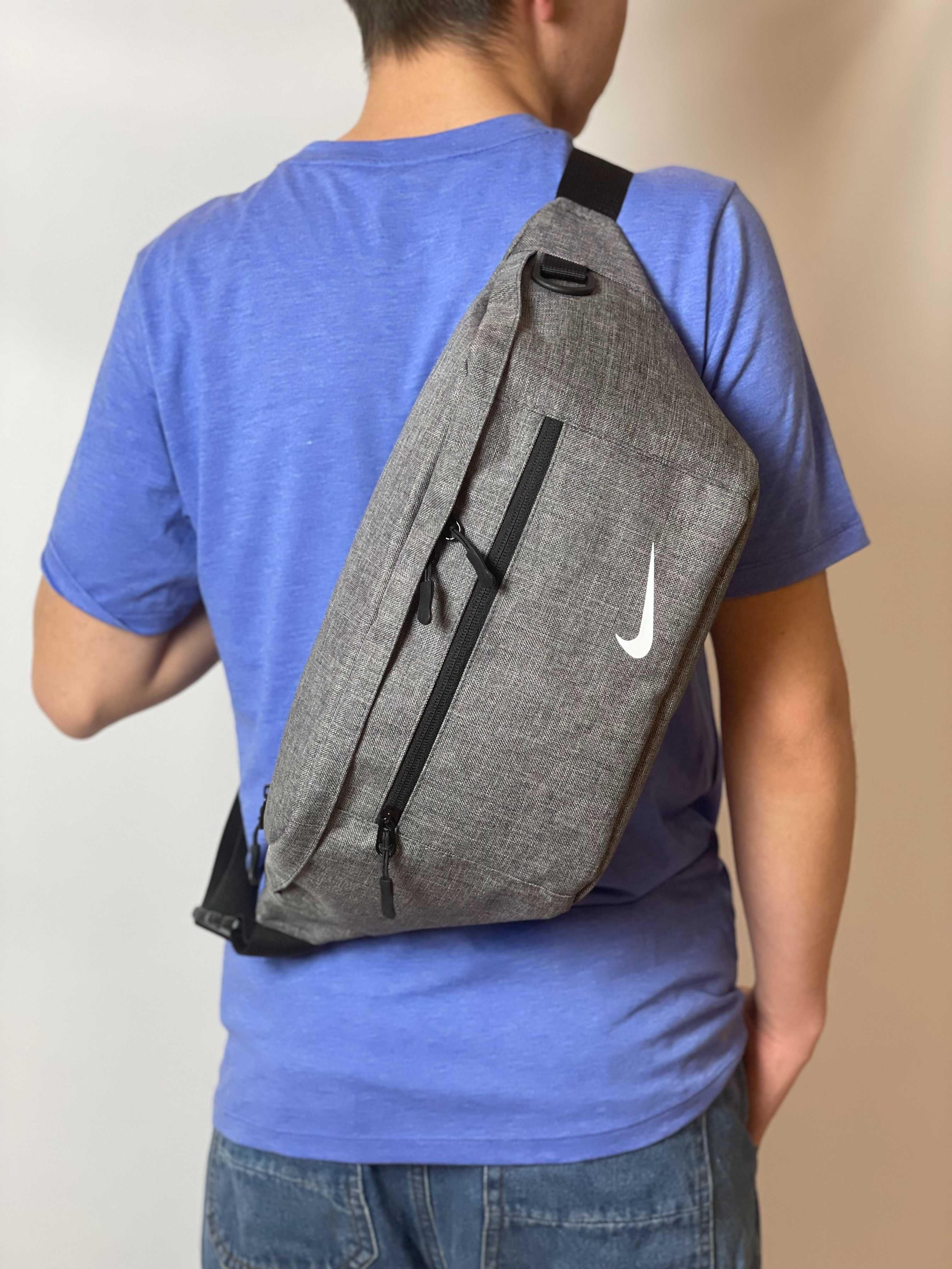 Серая сумка Nike через плечо | Тканевая большая бананка Найк