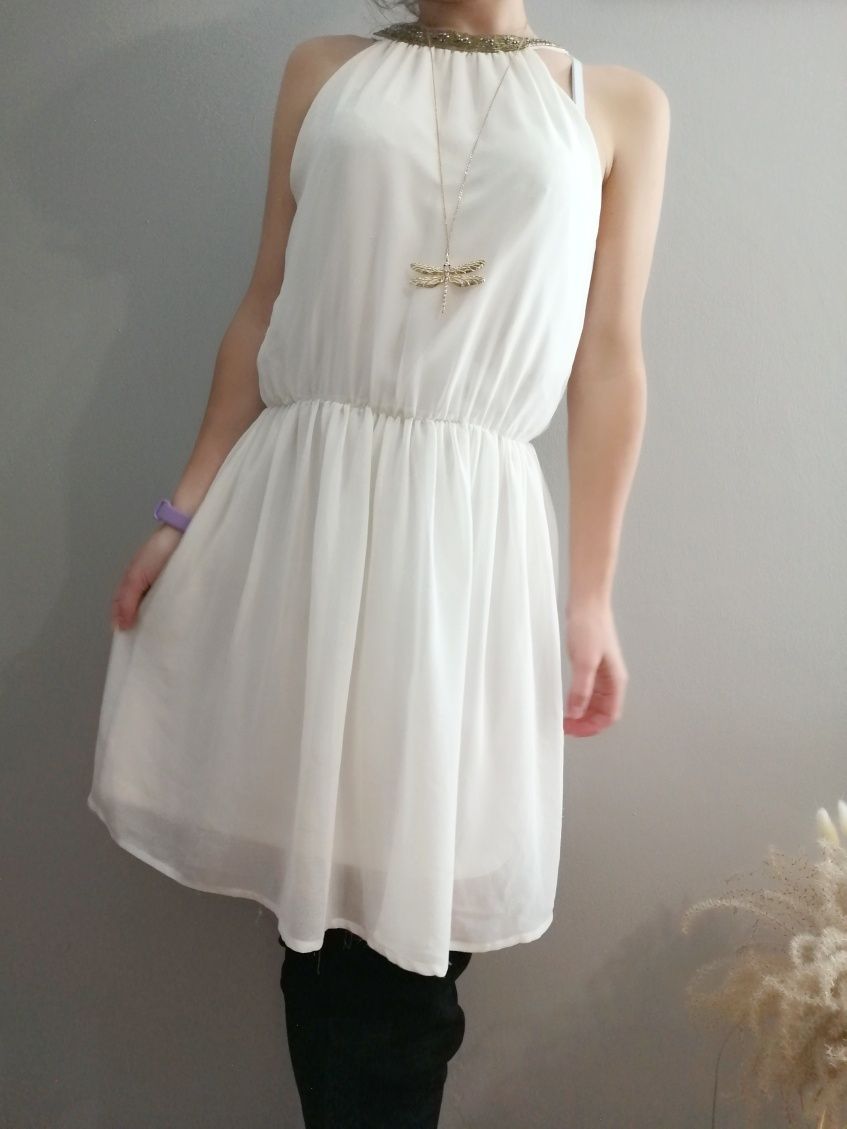 Biała elegancka damska sukienka w gumkę Zara