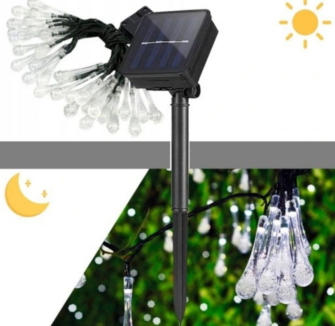 Girlanda lampki solarne 50 LED 9,5M łezki zimne zawieszki ogrodowe
