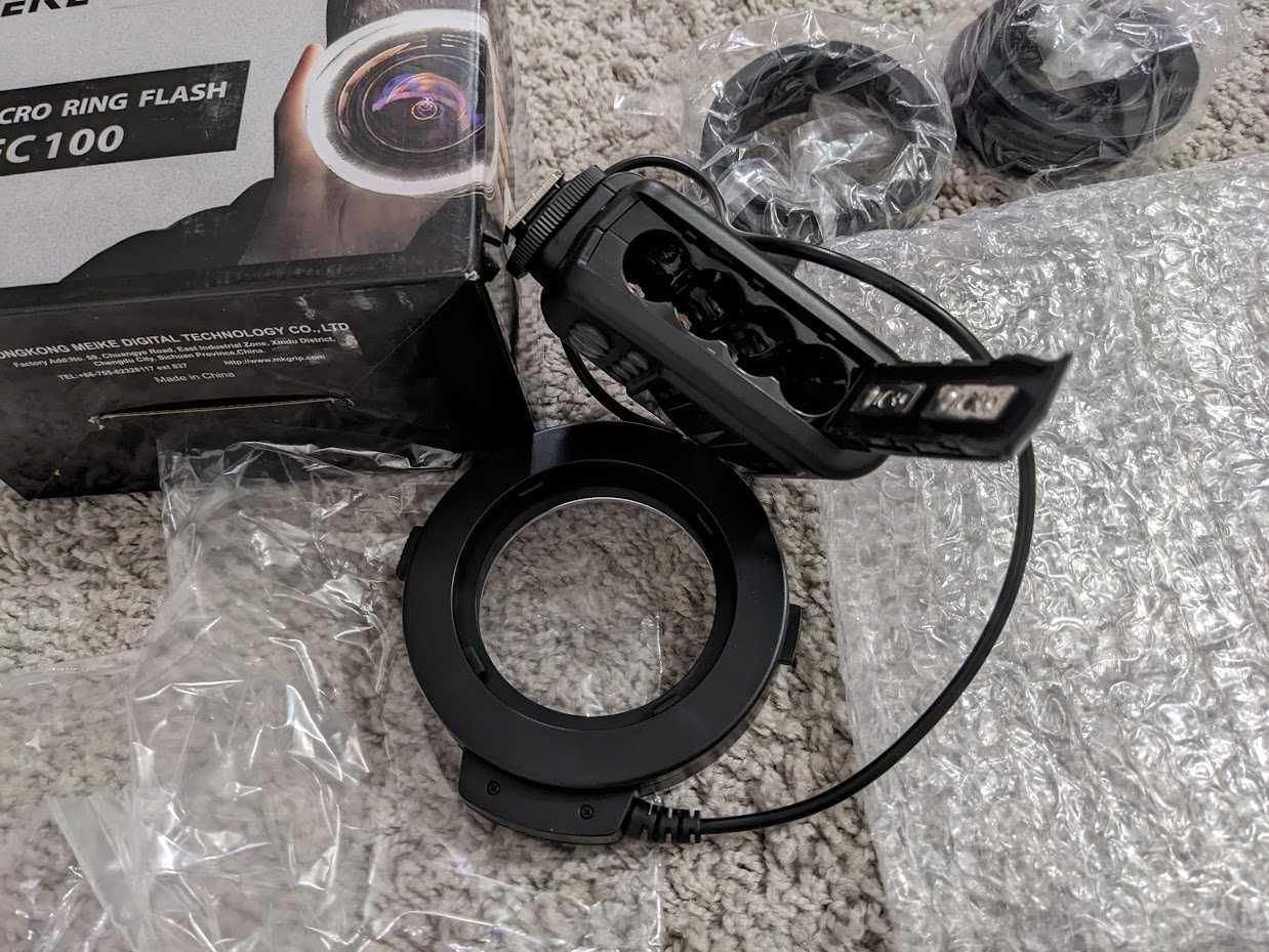 Lampa pierścieniowa F100 makro Canon Nikon adaptery, nieużywana