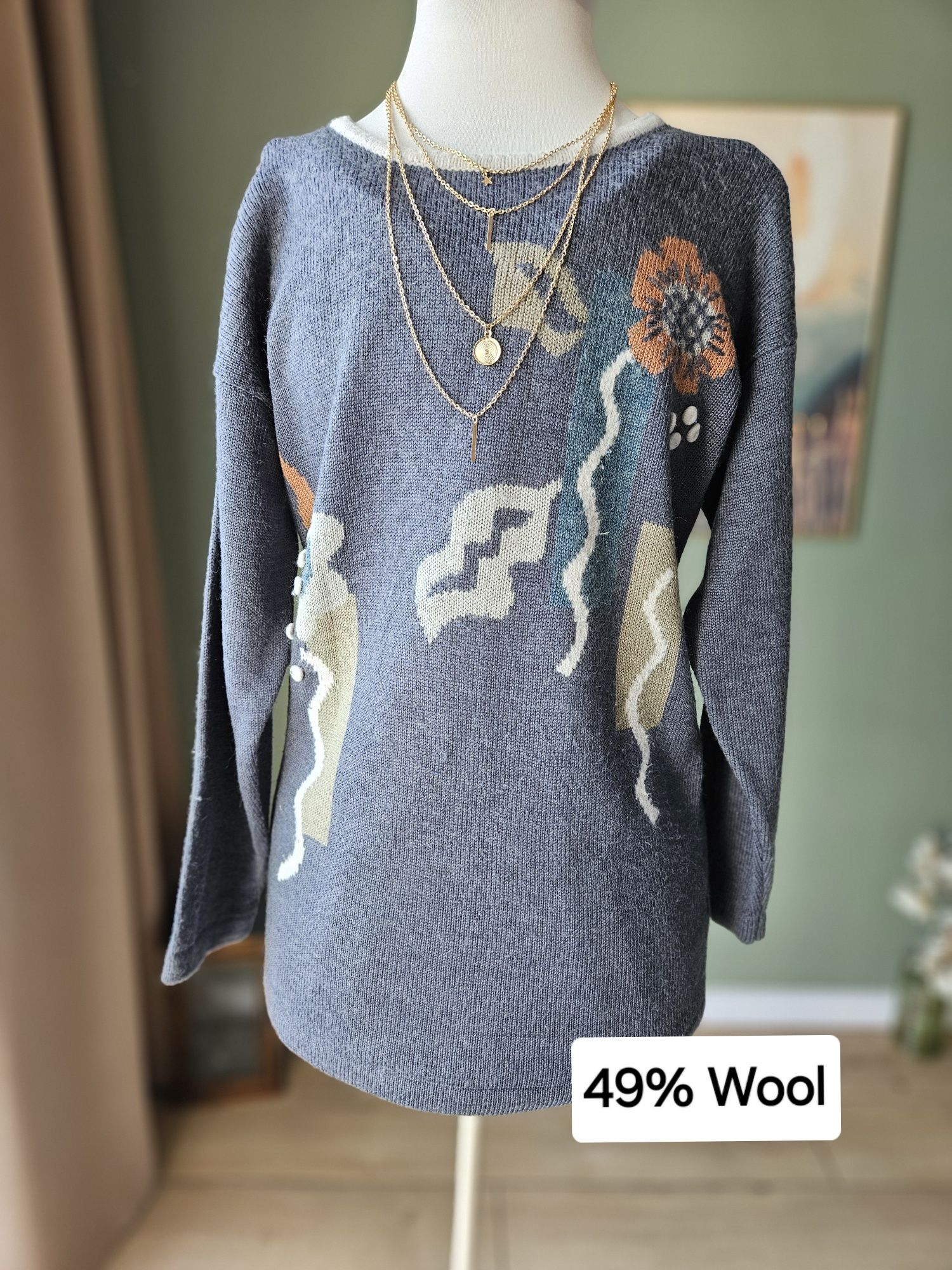 Jesienny welniany Damski niebiesko szary sweter Vintage z wełną i ango