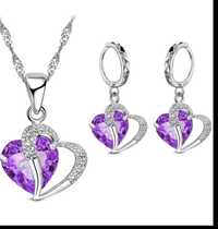 925 srebrny komplet biżuterii różowo fioletowe serca krysztaly