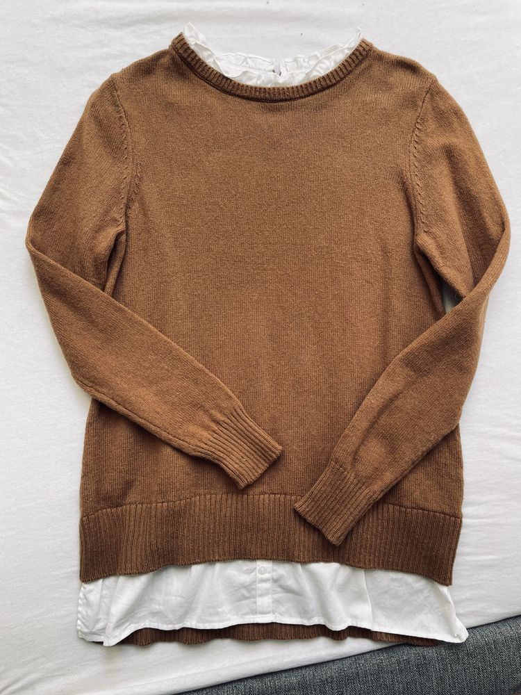 Elegancki brązowy sweter z falbanką wełna bawełna koszulą S