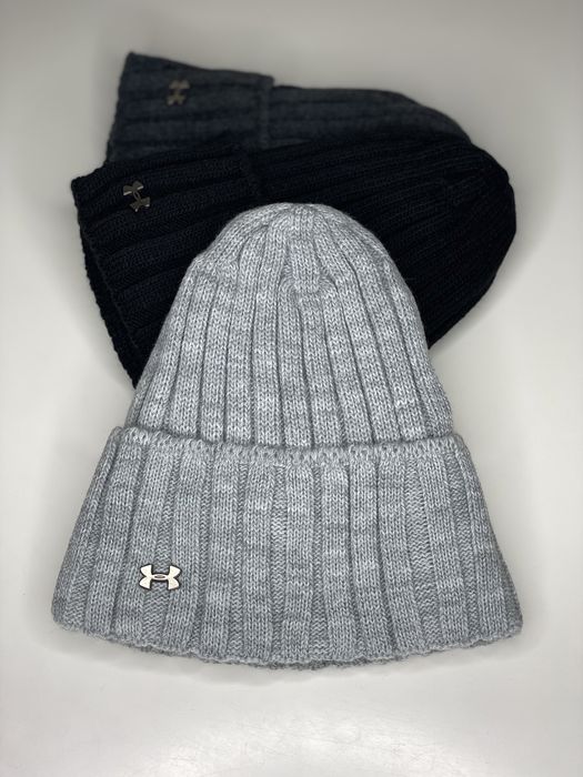 Мужская шапка Under Armour на флисе черная серая зимняя с отворотом