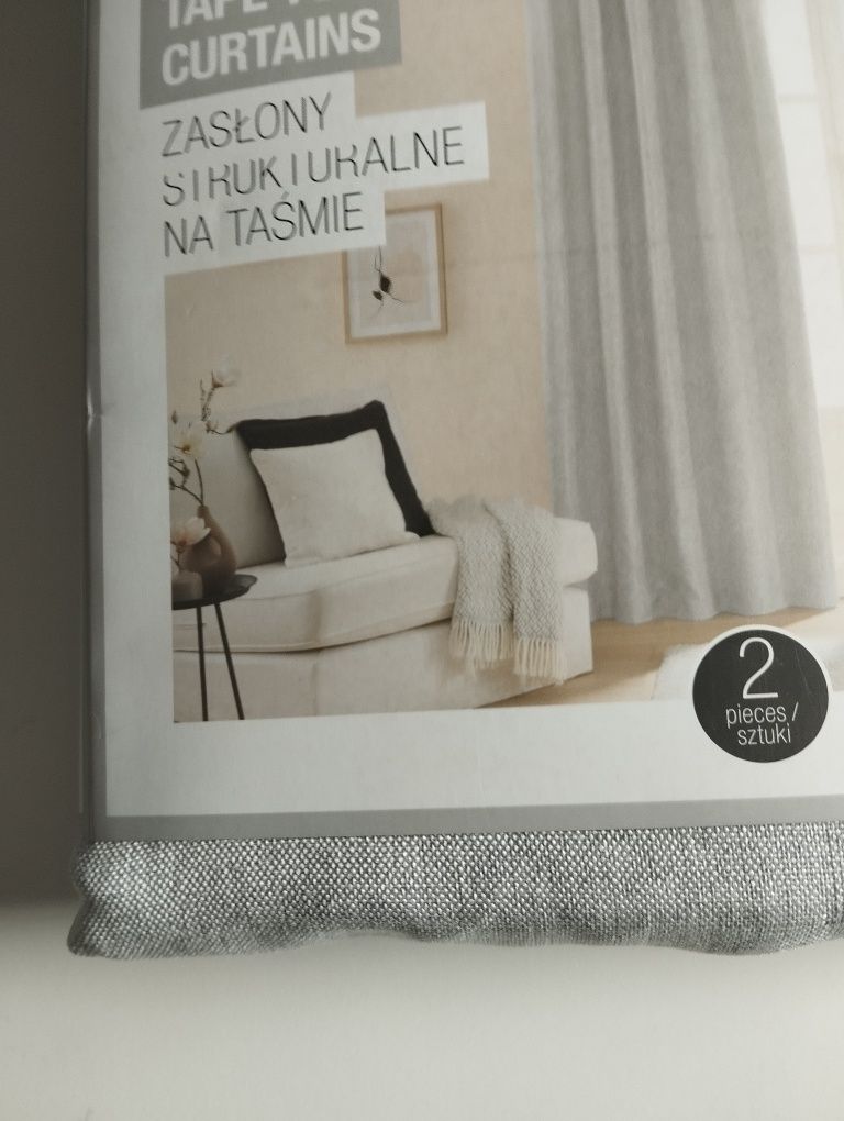 2 zasłony szare styl boho ala len taśma Smukee 2x zasłona