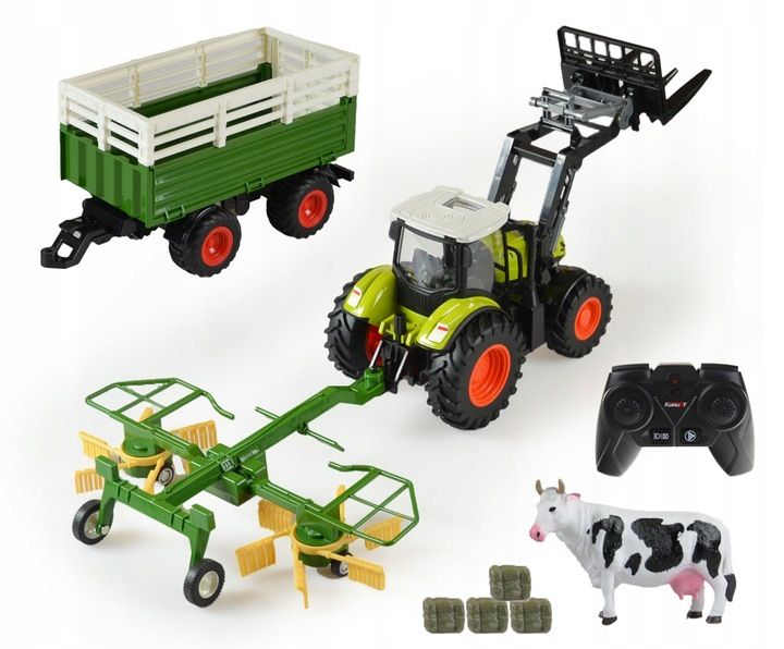 Traktor Zdalnie Sterowany Przyczepa Zgrabiarka Maszyny 4w1 Zestaw Rc