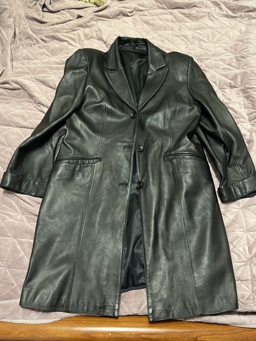 Кожаный плащ тренч пальто женский