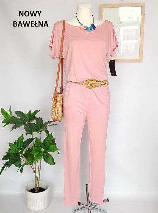 Nowy różowy pudrowy róż kombinezon długi bawełniany Made in Italy S M