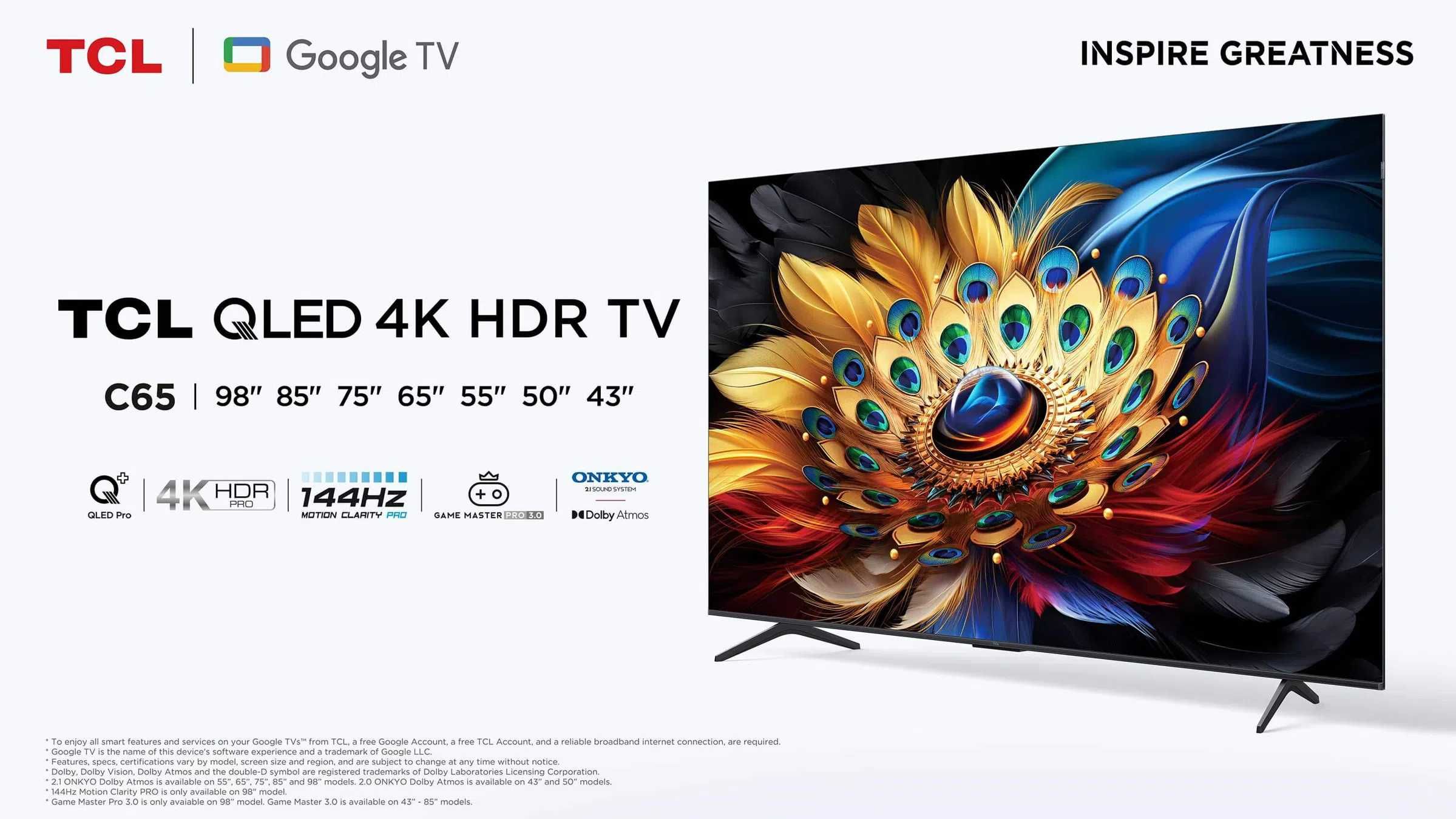 TV 43" QLED TCL 43C655 SmartTV UltraHD 4K OS Google TV Wi-Fi 5GHz.32Gb