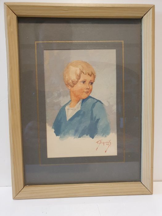 Aquarela antiga  retrato de um menino  de 1942 - assinado