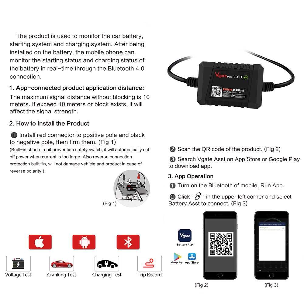 Miernik tester akumulatorów samochodowych Vgate BA100 12V Bluetooth