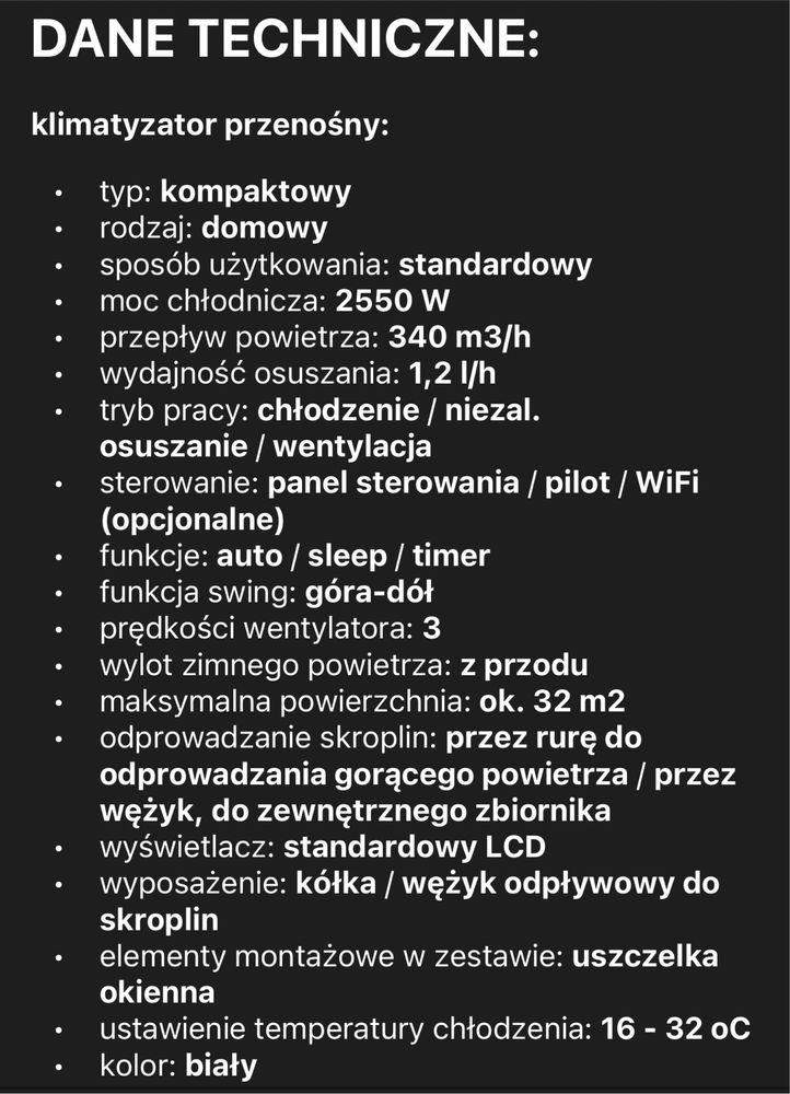 Przenośny Mobilny Klimatyzator 3w1 CHiQ 7000BTU 2KW Klimatyzacja