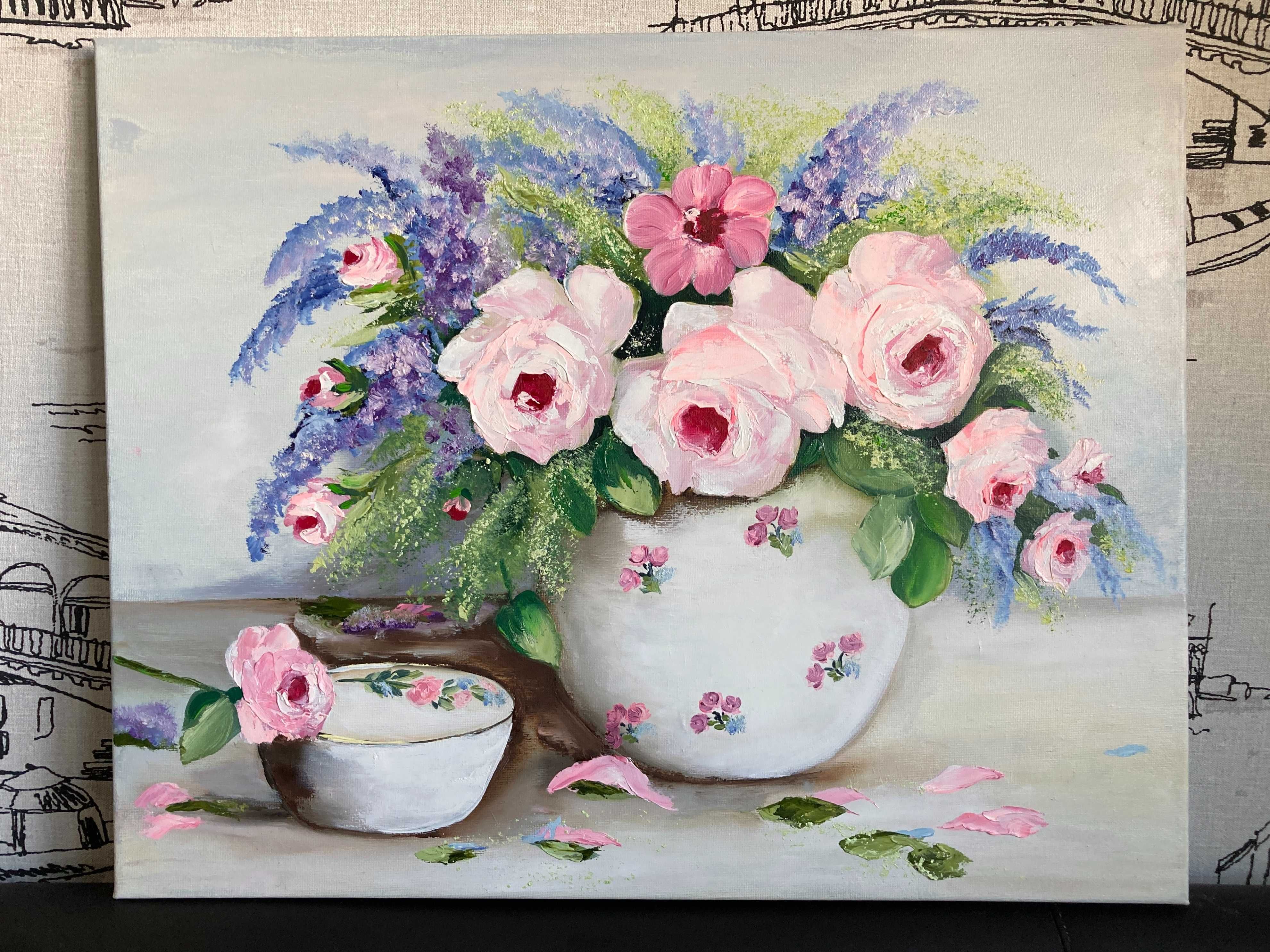 Картина олійними фарбами (маслом) Натюрморт з трояндами 40х50см
